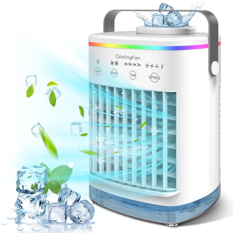 mini portable air conditioner, evaporative air cooler,personal air cooling fan and humidifier with 4 speeds 7 colors for room & office desk outdoors travel, white