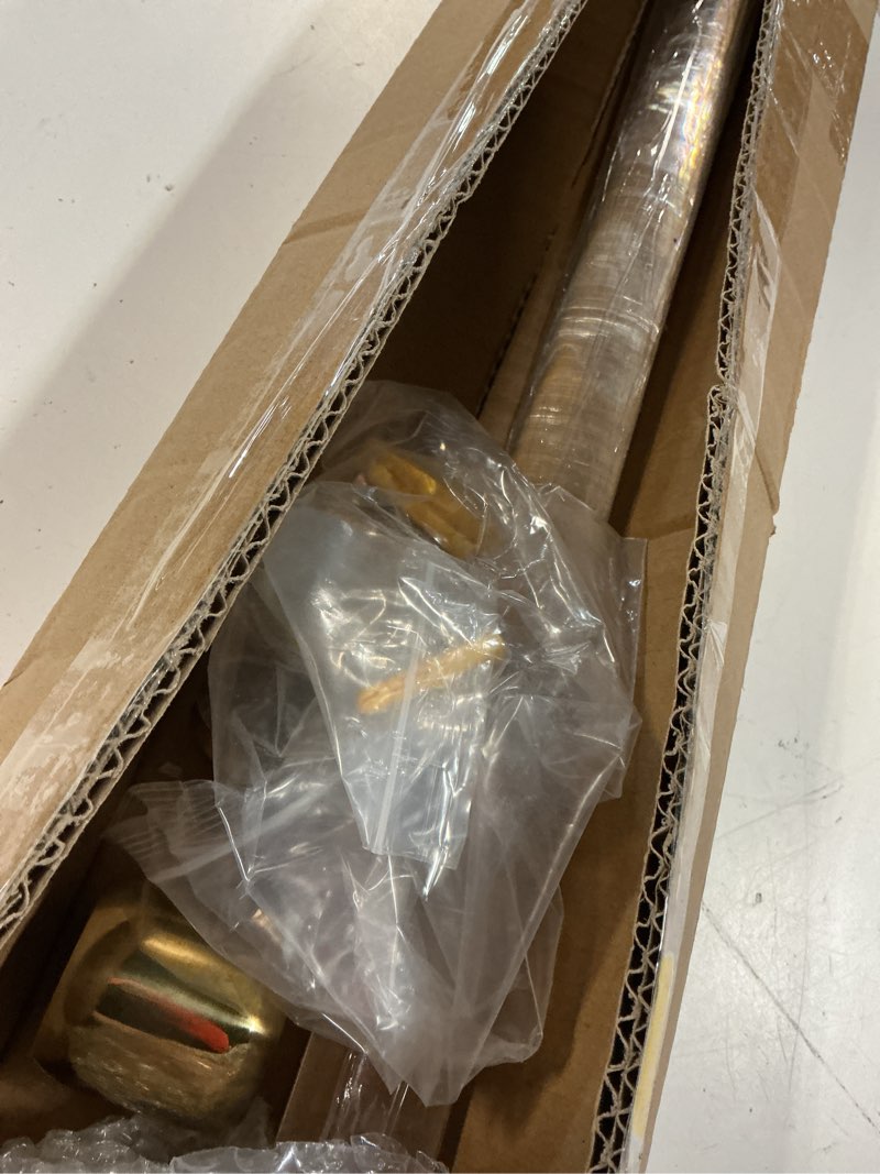 Condition photo showing New/Like New for 4ft acrylic curtain rod set for 48"windows, 1 1/2" diameter clear acrylic curtain rod with ten curtain rings. two gold yellow wall mounted brackets. modern & clear look. gold ss 4ft