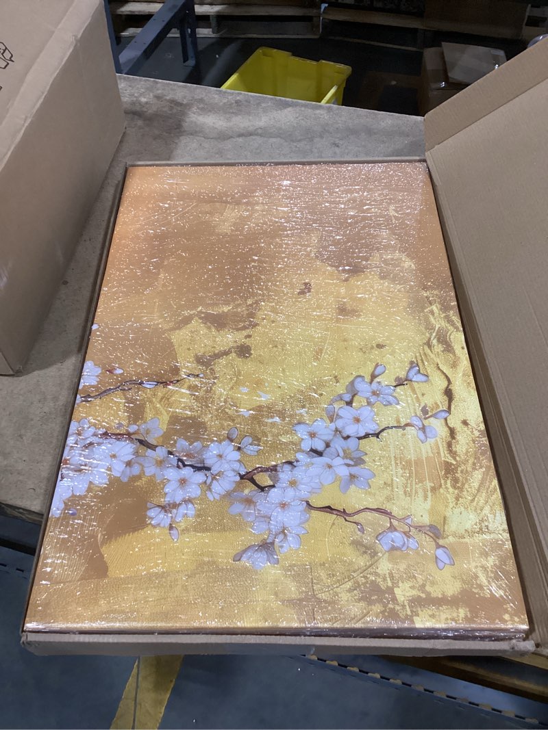 Condition photo showing New/Like New for 3 pcs framed japanese golden plum blossom flower wall art decor canvas print picture traditional woodblock print style farmhouse poster gallery bedroom living room office 16x24 inch ready to hang 24"l x 16"w yellow plum blossom