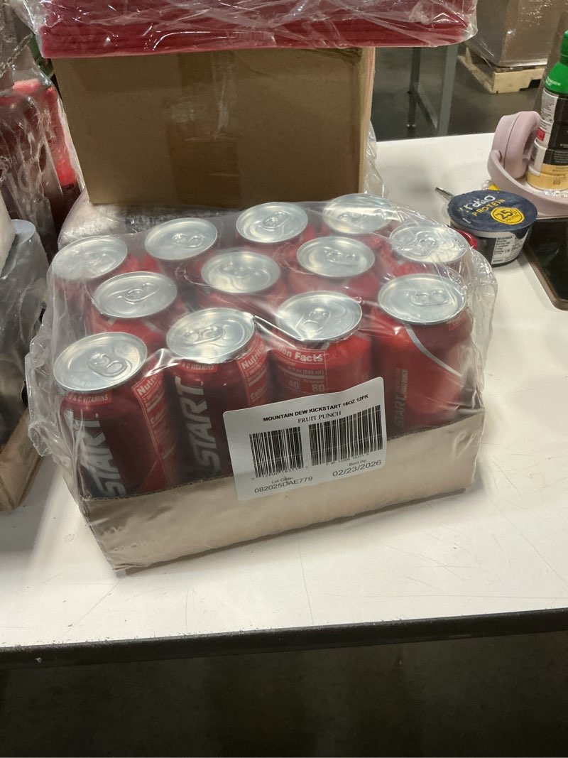 Condition photo showing New/Like New for ((BB:02/23/2026))Mountain Dew Kickstart, Fruit Punch, 92mg Caffeine, Vitamins B & C, 80 Calories, 5% Juice, 16 fl oz (12 Count) Fruit Punch 16 Fl Oz (Pack of 12)