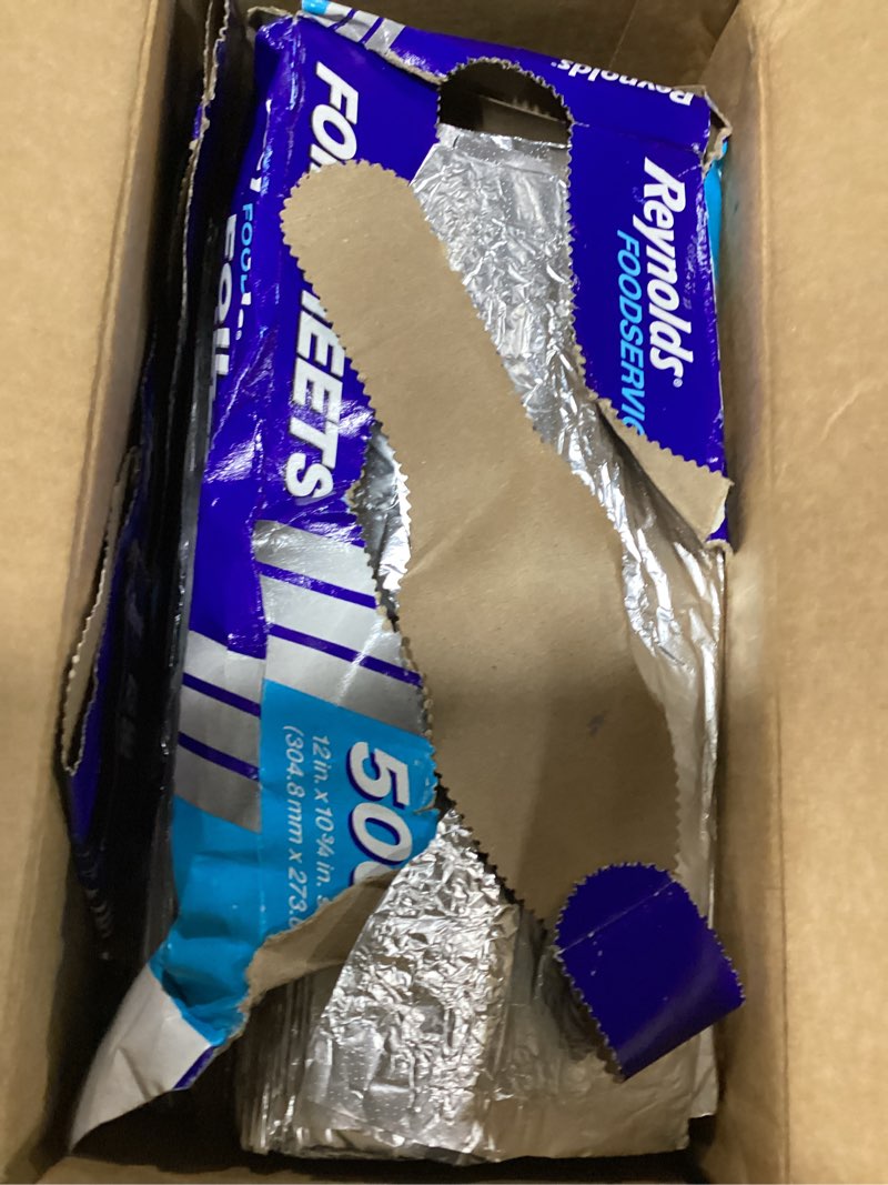 Condition photo showing As Is for reynolds foodservice pre-cut aluminum foil sheets, great for concessions, catering, cafeterias, and restaurants, easily moldable around food, 12 x 10.75 inches, 500 ct. 12 inch x 10.75 inch sheets