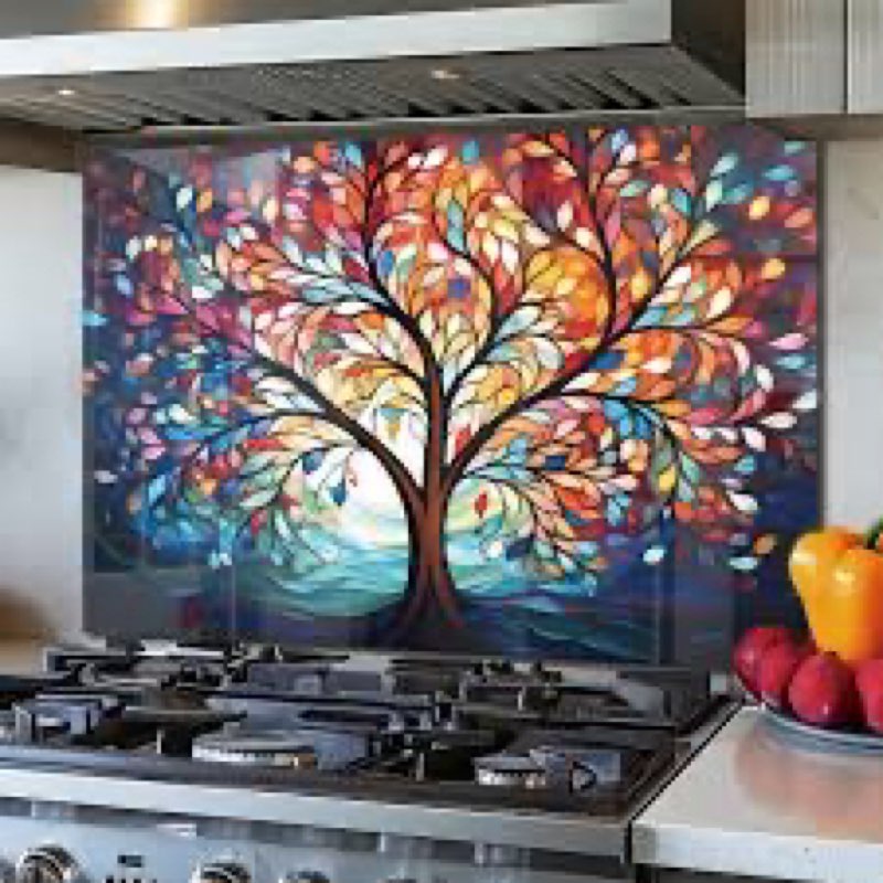 evgosm tempered glass backsplash for kitchen? stove splashback, tree of life glass backsplash, used 