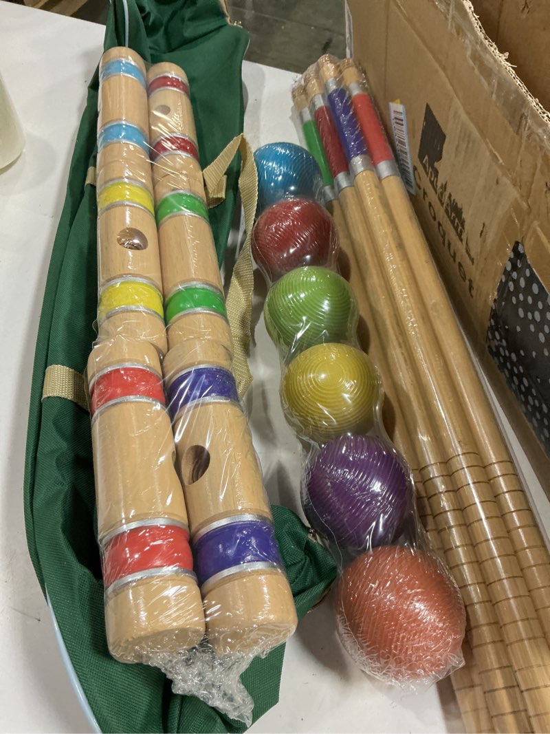 Condition photo showing New/Like New for apudarmis six player croquet set with premiun rubber wooden mallets 28in,colored ball,wickets,stakes - lawn backyard outdoor game set for adults/teenagers/family (large carry bag including) 28'' standard