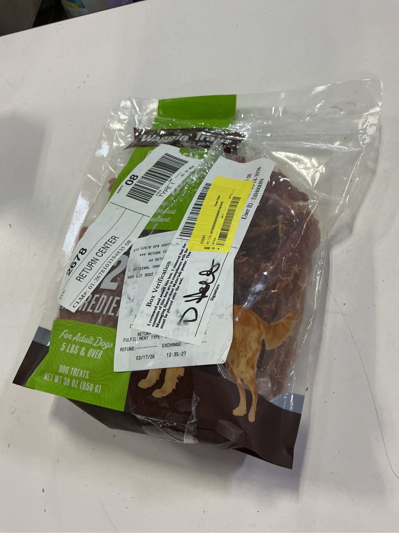 Condition photo showing New/Like New for bb 10/2027 waggin' train chicken jerky for dogs - limited ingredient dog treats for dogs 30 oz. pouch