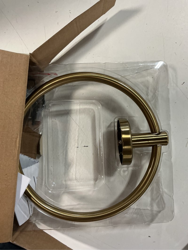 Condition photo showing As Is for allen + roth harlow brushed gold wall mount single towel ring