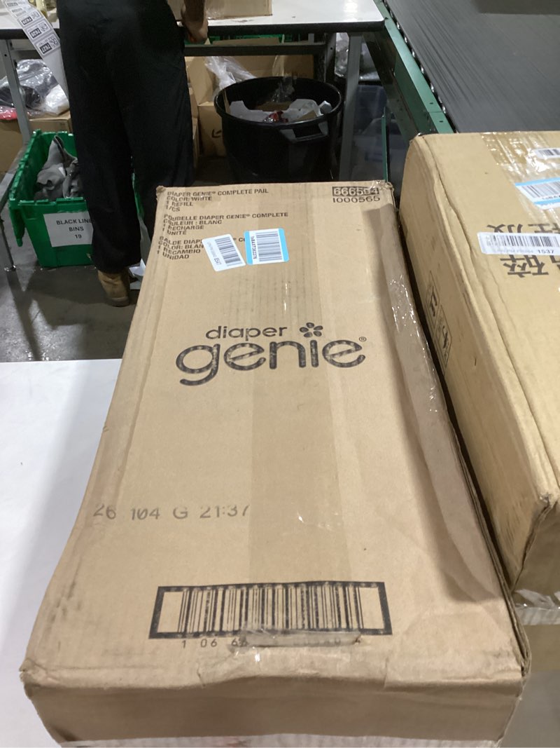 Condition photo showing New/Like New for diaper genie complete diaper pail (white) – includes 1 refill (holds 270 newborn diapers) & 1 carbon filter white pail + 1 refill