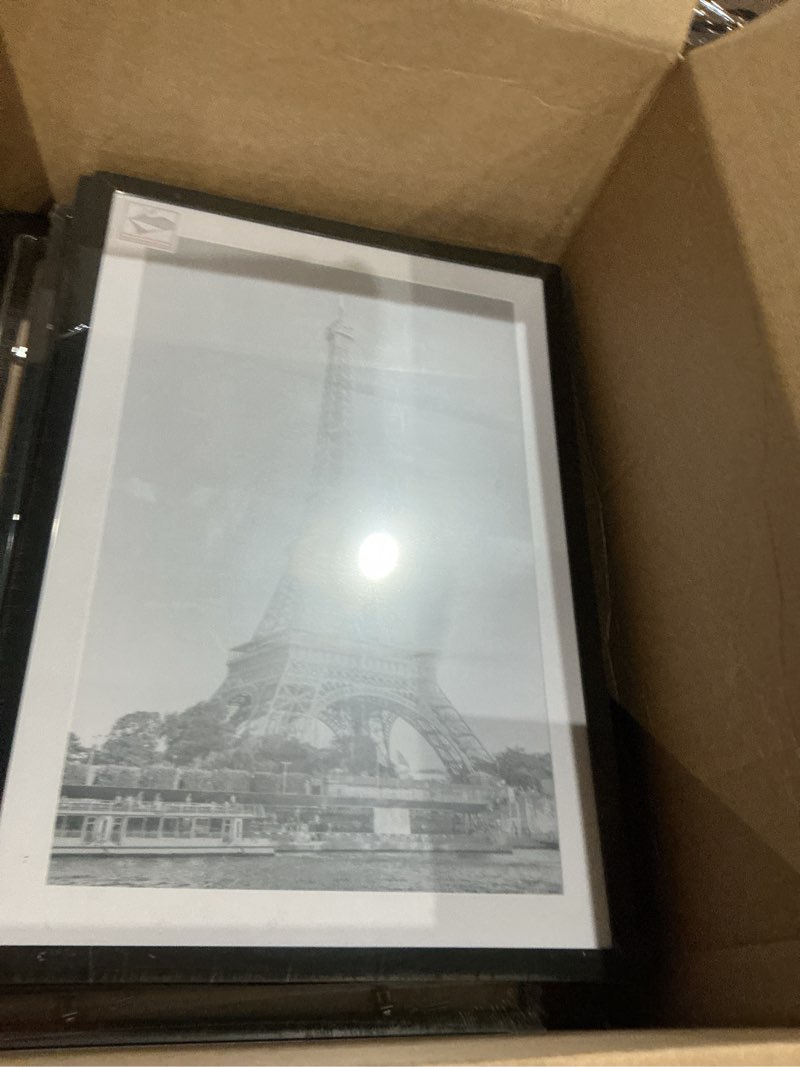 Condition photo showing As Is for set of 5 black poster frames for pictures, wall gallery display