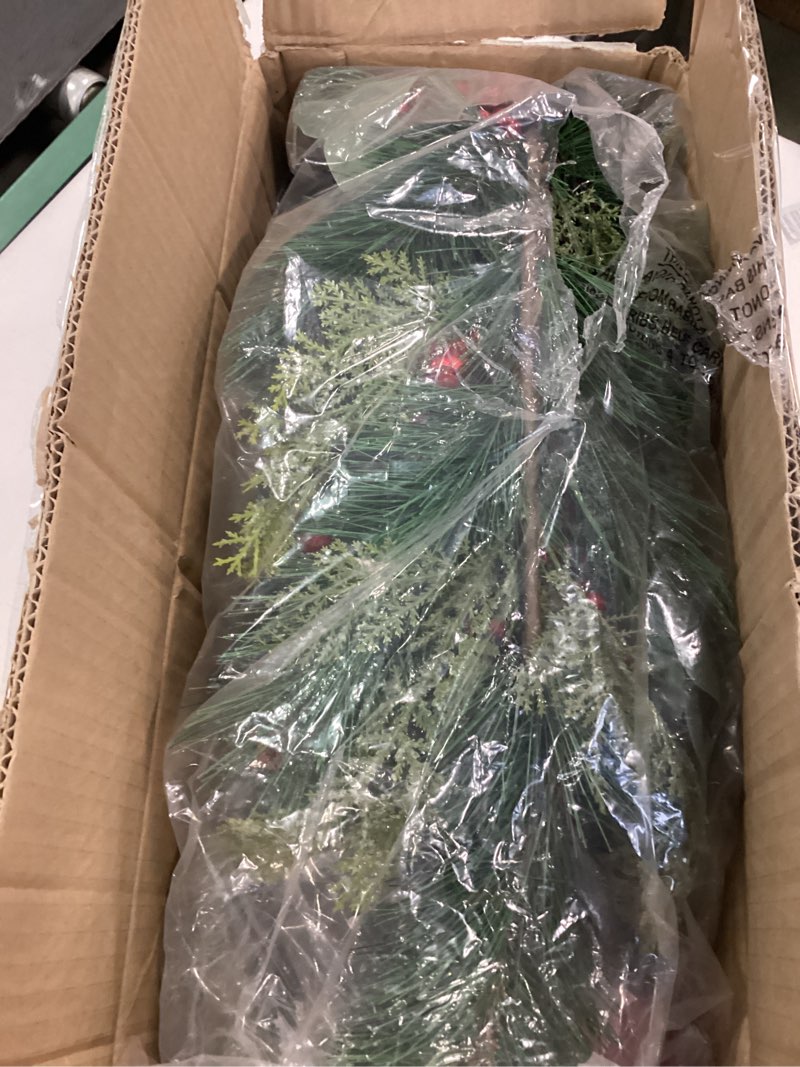 Condition photo showing Good Condition for 9 Ft Prelit Christmas Garland, Artificial Green Christmas Garland with Lights, Decoratived with Green Pine Branches Red Flowers Red Balls, with 100 Lights & Timer (Red Flower)