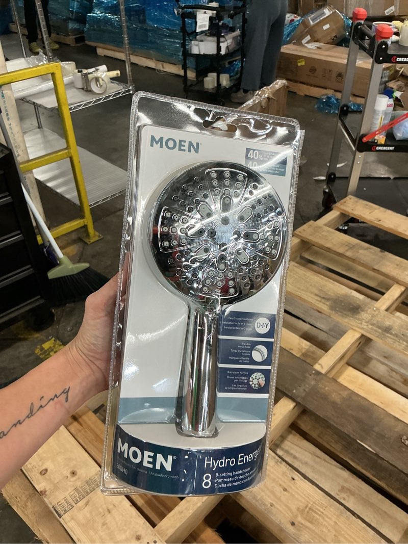 Condition photo showing New/Like New for hydroenergetix 8-spray patterns with 1.75 gpm 4.75 in. wall mount single handheld shower head in chrome