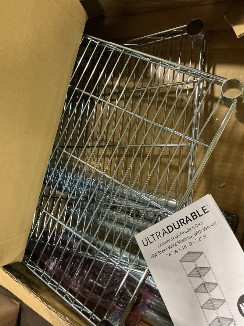 Condition photo showing As Is for seville classics ultradurable heavy duty nsf solid steel wire rack storage unit organizer for garage, warehouse, office, restaurant, classroom, kitchen, 5-tier shelving, 24" w x 18" d steel 5-tier shelving, 24" w x 18" d