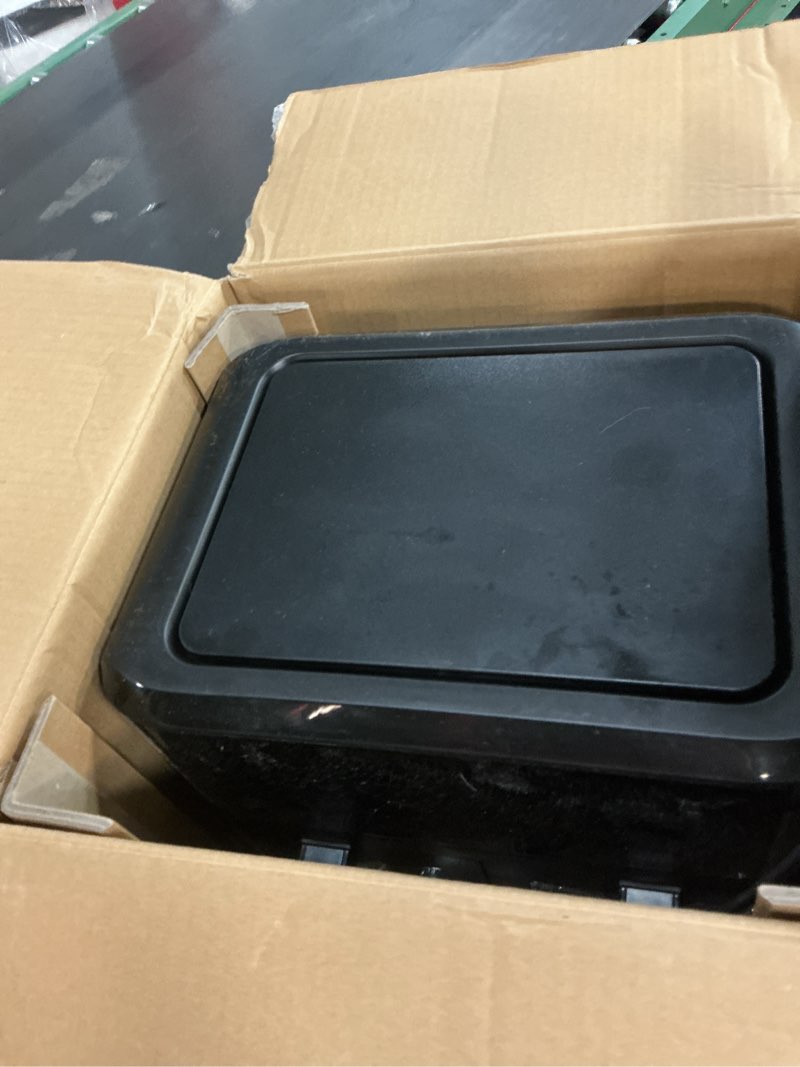 Condition photo showing As Is for chefman 6 quart dual basket air fryer oven with easy view windows, sync finish, hi-fry, auto shutoff, 2 independent 3qt nonstick dishwasher safe frying baskets, digital double air fryer - black 6 quart - window