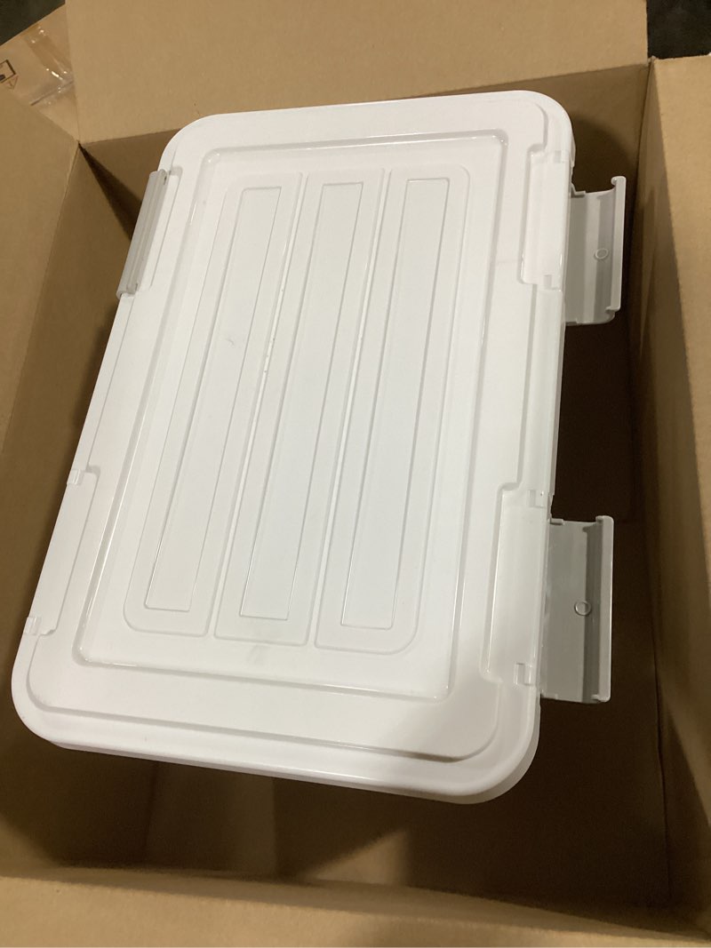 Condition photo showing As Is for (Missing scoop and 1 latch) IRIS USA Stackable Dog Food Storage Container with 2 Cup Scoop, 4 Secure Latches, Fits up to 30 lbs, Pet Dry Food Bin, Gasket Seal Lid, BPA Free, Stackable, Easy Measure, White White/Gray