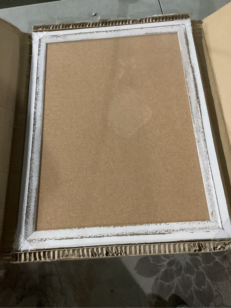 Condition photo showing As Is for cork board bulletin board, 24" x 18" corkboard for wall, rustic wooden frame, decorative hanging pin board for office home school decor white frame 24"x18"