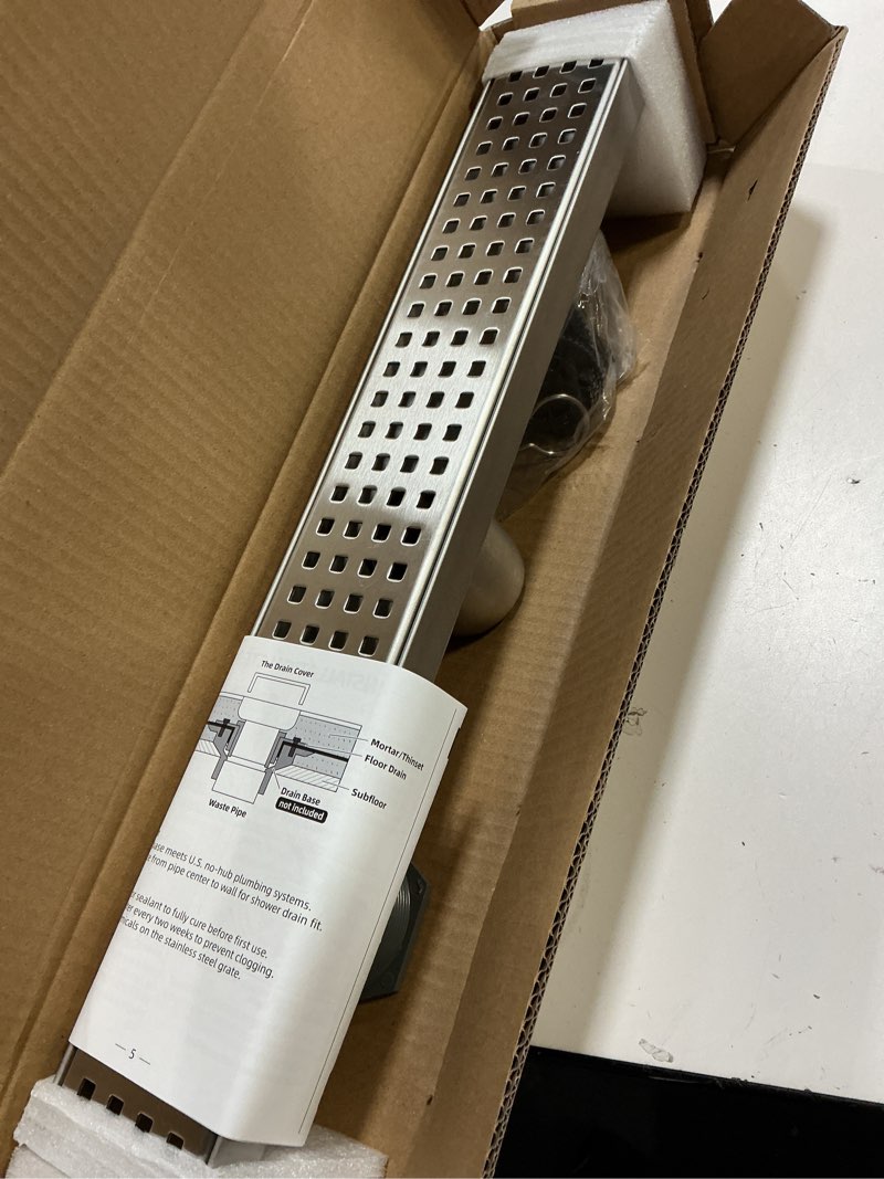 Condition photo showing Good Condition for shower drain, linear shower drain 18 inch(brushed nickel),modern 304 stainless steel shower floor drain with grate removable, adjustable leveling feet, rectangular linear drain brushed nickel 18in