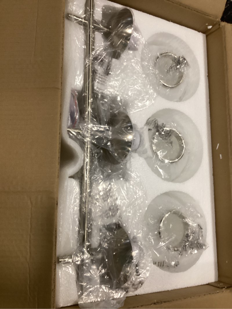 Condition photo showing New/Like New for Bathroom Light Fixtures over Mirror, 3-Light Brushed Nickel Vanity Lights for Bathroom, Mid-Century Modern Vanity Light with Milky White Globe Glass Shades, 22.4 Inch Sconces Wall Lighting for Bath Brushed Nickel 3-Light