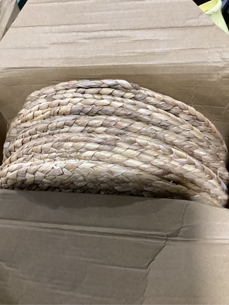 Condition photo showing As Is for foldtier 20 pcs round placemats bulk plate chargers set 11.8 inch woven placemat rustic braided straw rattan charger natural water hyacinth place mat for wedding party table single tableware use