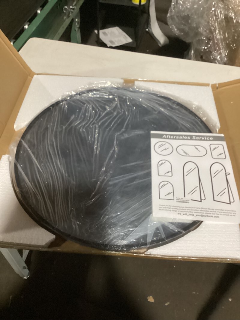 Condition photo showing As Is for 22 Inch Black Round Circle Mirror for Wall,Modern Bathroom Mirrors with Simple Metal Frame, Entryway, Bedroom Vanity, Living Room, Hallway Decor (Matte Black, Wall Mounted)