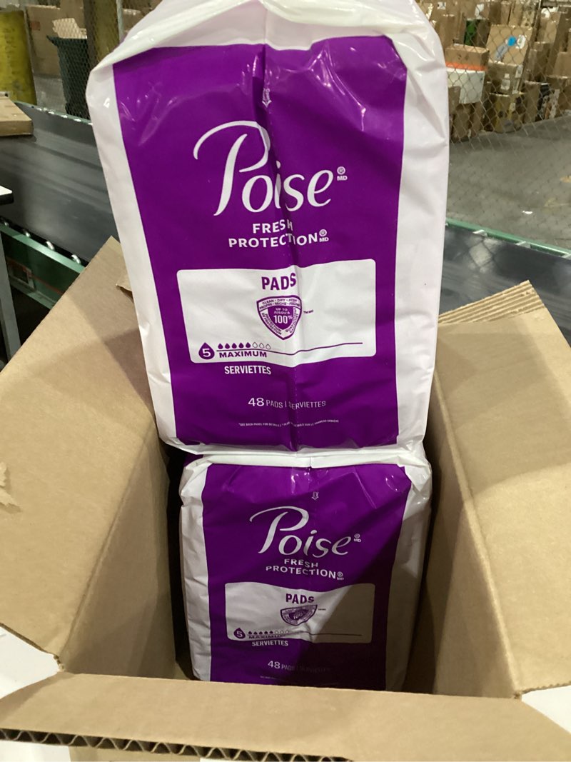 Condition photo showing New/Like New for poise incontinence & postpartum pads for bladder leaks, 5 drop maximum absorbency, regular length, 96 count, packaging may vary
