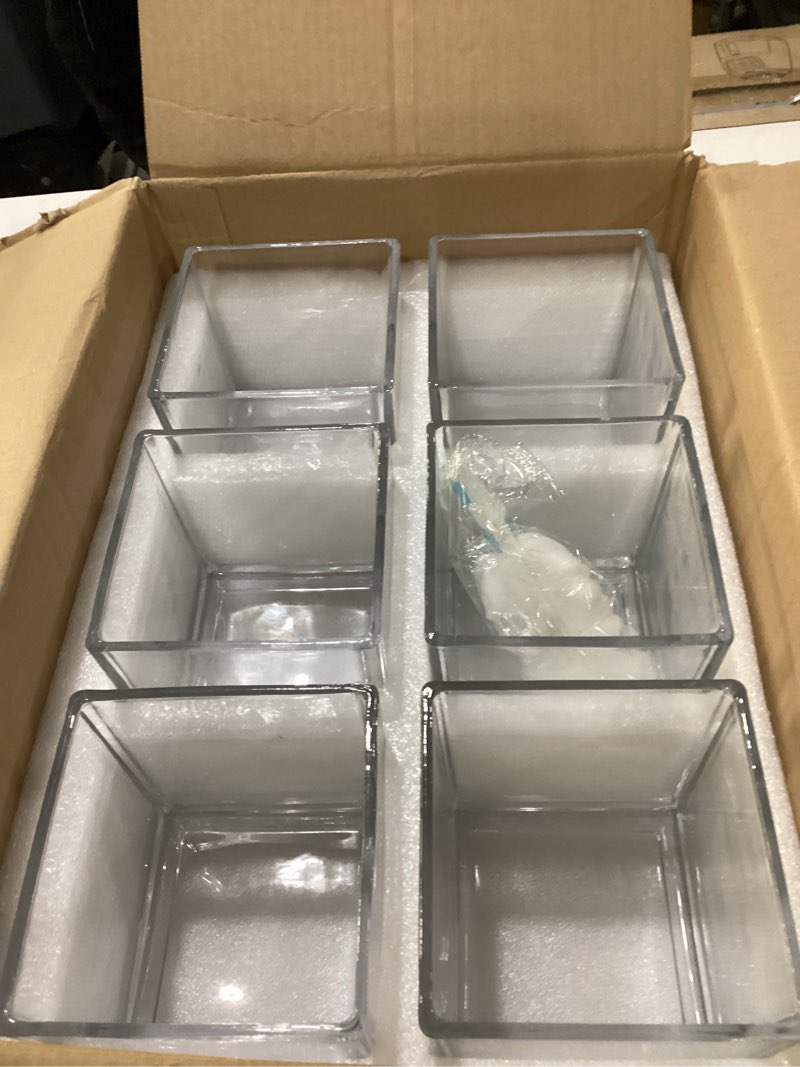 Condition photo showing Good Condition for set of 6 square glass vases 5" x5" x 5", clear flower vases for centerpieces, candle holder for wedding party events, home décor 5inch
