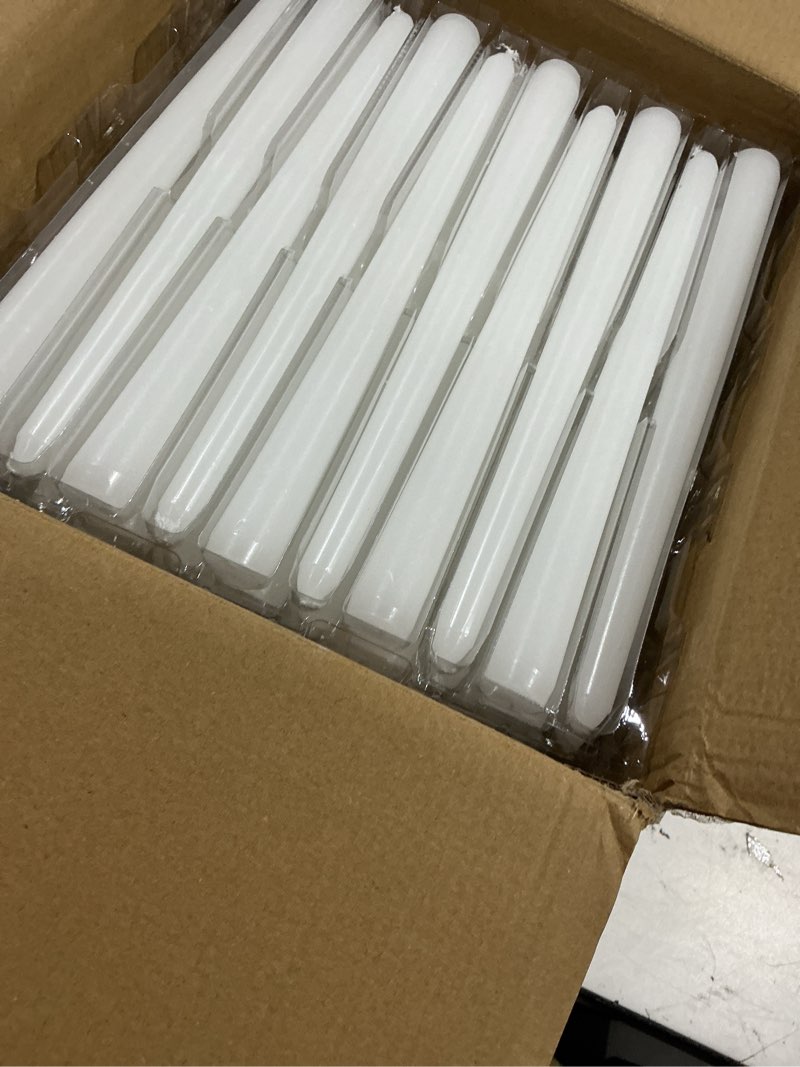 Condition photo showing New/Like New for 100pack white taper candles, 7-8 hours burn time, unscented, smokeless and dripless, 0.75 x 10 inch dinner candle set for household, wedding, party and home décor candlesticks white-100