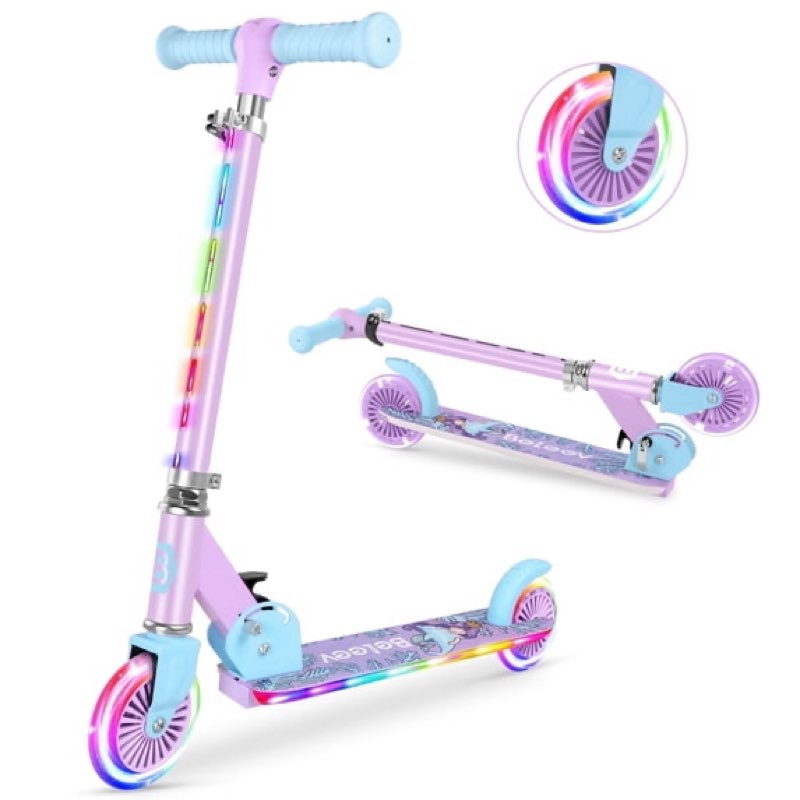 beleev v2 scooters for kids with light-up wheels & stem & deck, 2 wheel folding scooter for girls boys, 3 adjustable height, lightweight kick scooter for children ages 3-12, purple