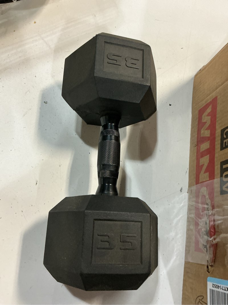 Condition photo showing As Is for cap barbell, 35lb coated hex dumbbell, single