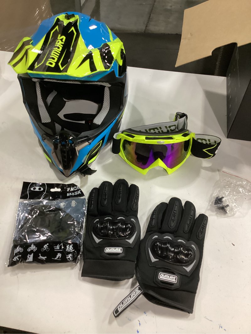 Condition photo showing Good Condition for xl (61- 62 cm) adult atv dirt bike helmet with goggles gloves & mask adjustable sun visor motorcycle adult helmet off-road motocross downhill moped mx for unisex-adult yellow & blue x-large