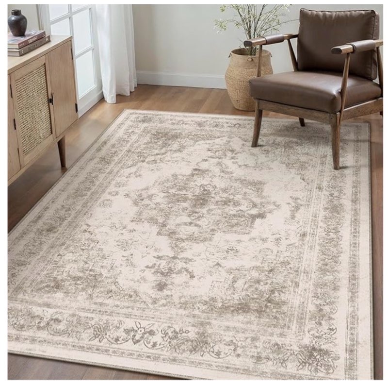 (similar to stock photo) area rug 6x9 beige washable living room carpet non slip vintage medallion low pile soft indoor bedroom retro distressed indoor rug for kitchen home office laundry dining room