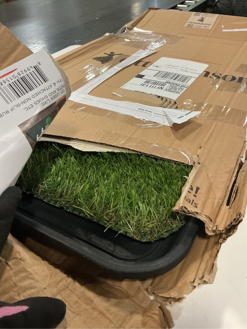Condition photo showing As Is for ottomanson artificial grass puppy potty training pad with tray, 15" x 30" reusable pee pad for small pets and dogs a black tray/grass pet - 15" x 30"