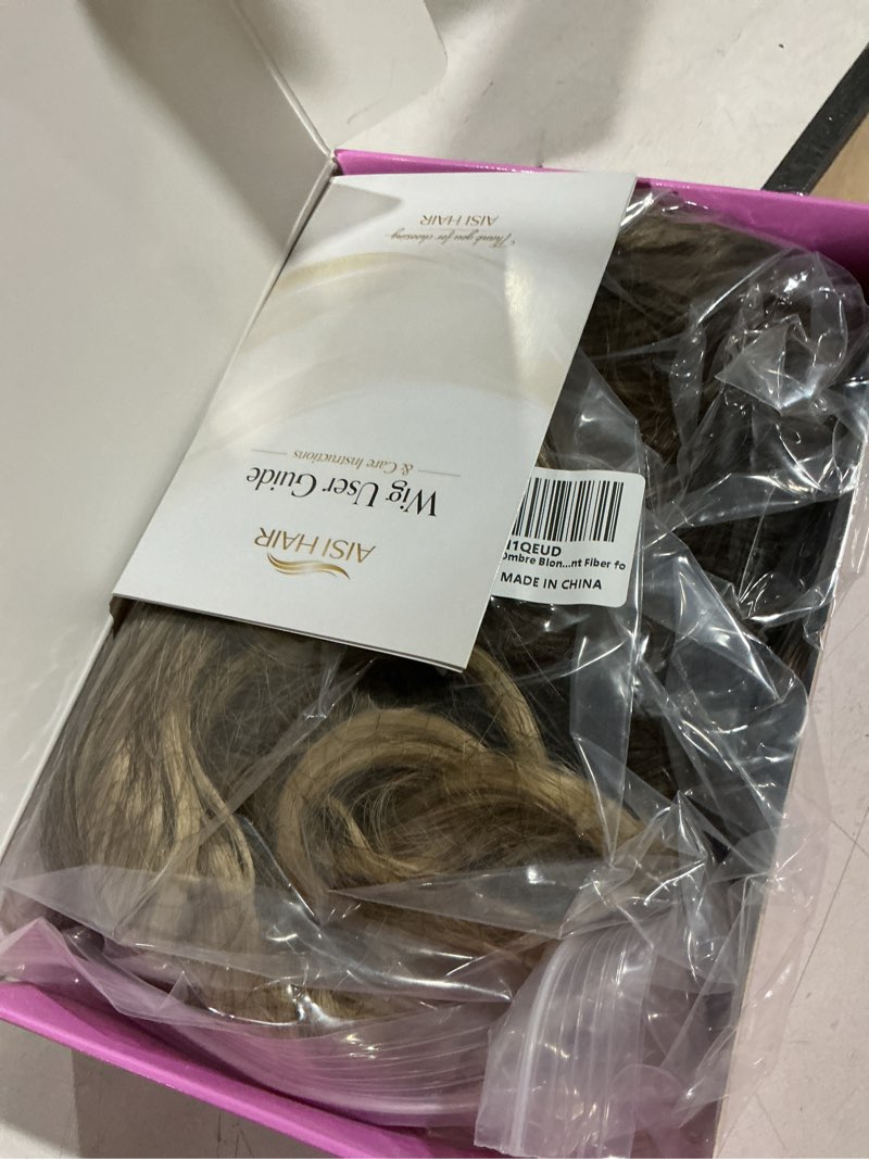 Condition photo showing Good Condition for aisi hair 14 inch ombre blonde wigs for women - shoulder length wave wig with pre-cut lace hairline, middle part natural wavy bob synthetic heat resistant fiber for daily and party ombre blonde 14 inch