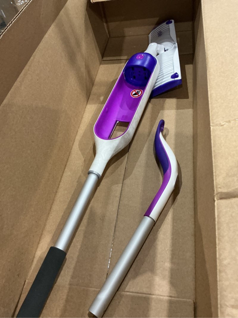 Condition photo showing As Is for swiffer powermop multi-surface mop kit for floor cleaning, includes powermop, 2 mopping pad refills, 1 cleaning solution with fresh scent and 2 batteries purple and white
