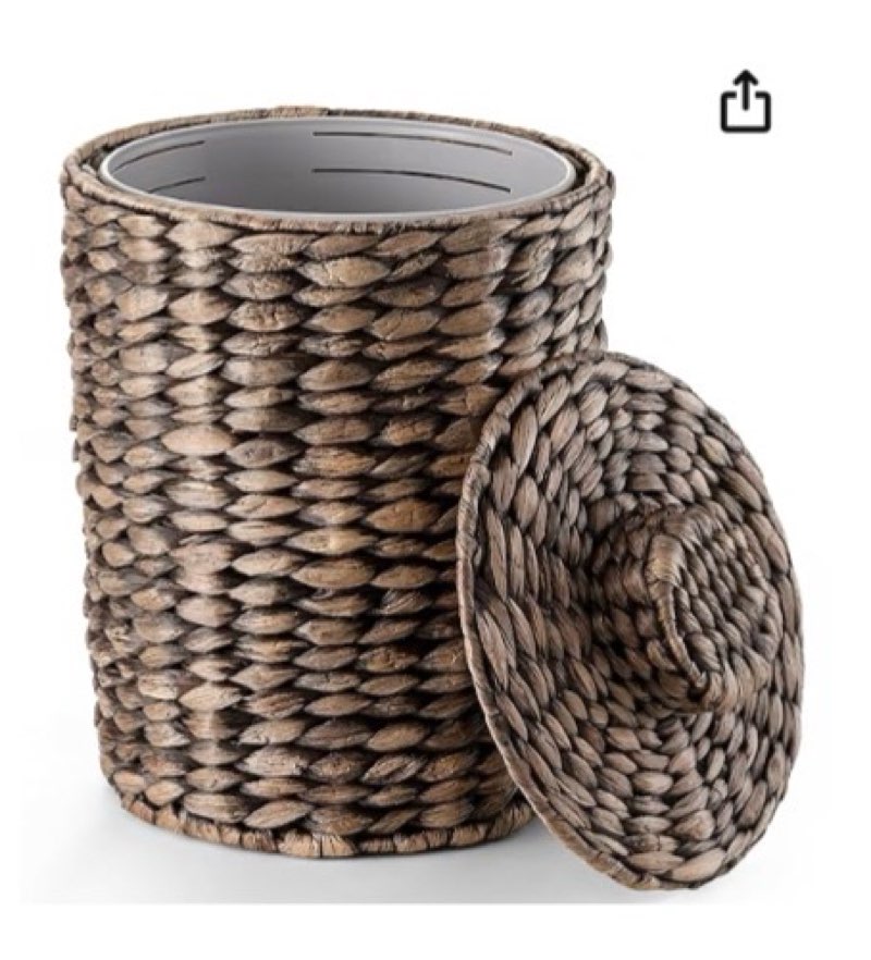 2 gallons wicker waste basket - water hyacinth bathroom trash can - garbage can with lid boho style - wicker trash can with lid for bedroom, kitchen - removable liner, handwoven (black and brown color)