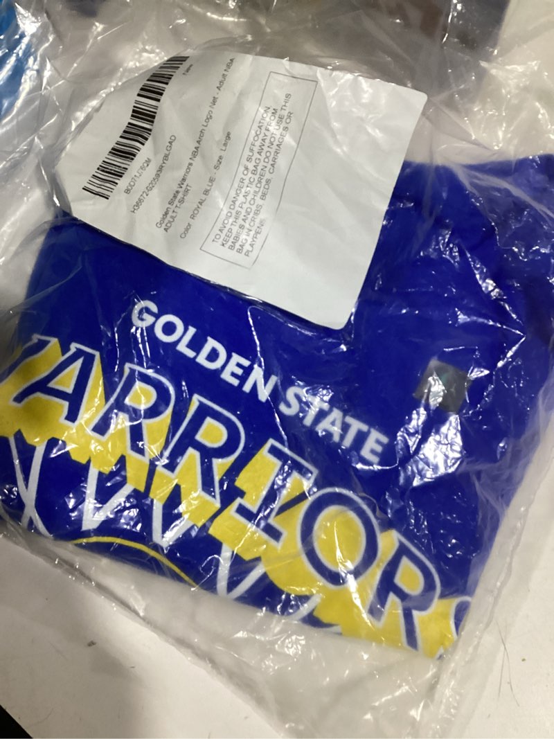 Condition photo showing New/Like New for Junk Food NBA Nothing But Net Team Logo - Adult Short Sleeve Fan T-Shirt for Men & Women Golden State Warriors Large Royal Blue