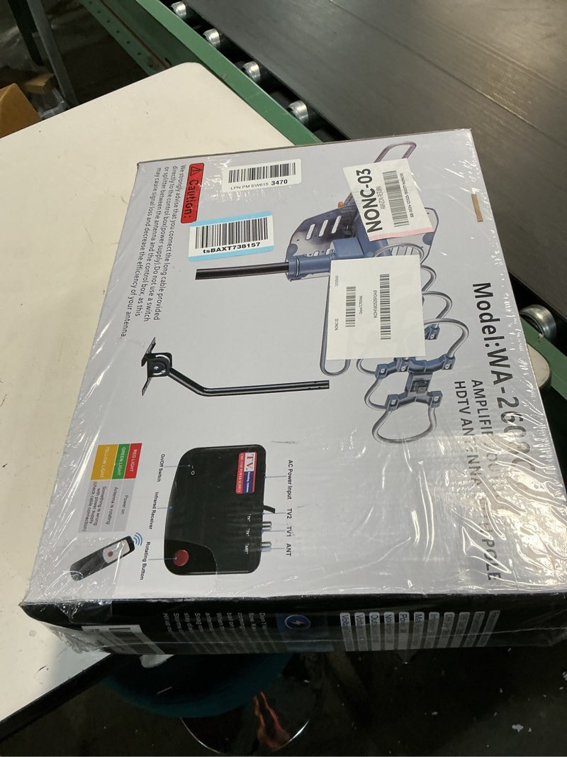 Condition photo showing New/Like New for WA-2608 Digital Amplified Outdoor HD TV Antenna with Mounting Pole & 60 Ft RG6 Coax Cable,Coaxial Grounding Block,200 Miles Long Range Wireless Remote Control 360 Degree Rotation Support 2 TVs outdoor antenna with Mounting Pole outdoor antenna with pole outdoor antenna remote control antenna 200 miles antenna hdtv outdoor antenna