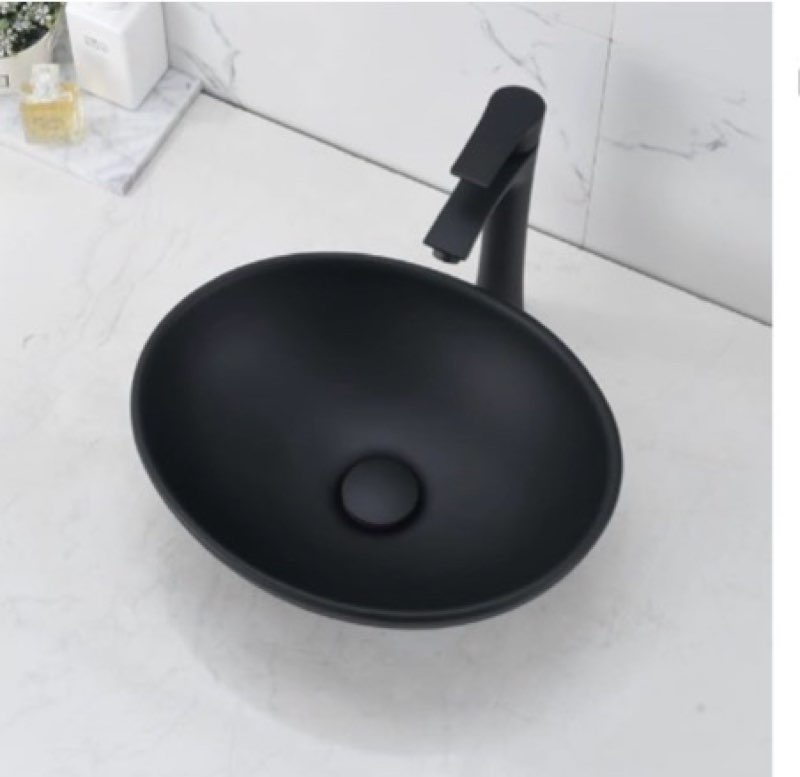 black oval bathroom sink with faucet and drain combo-bokaiya 16x13 matte black vessel sink above counter oval porcelain ceramic bathroom vessel sink art basin, faucet matching pop up drain combo