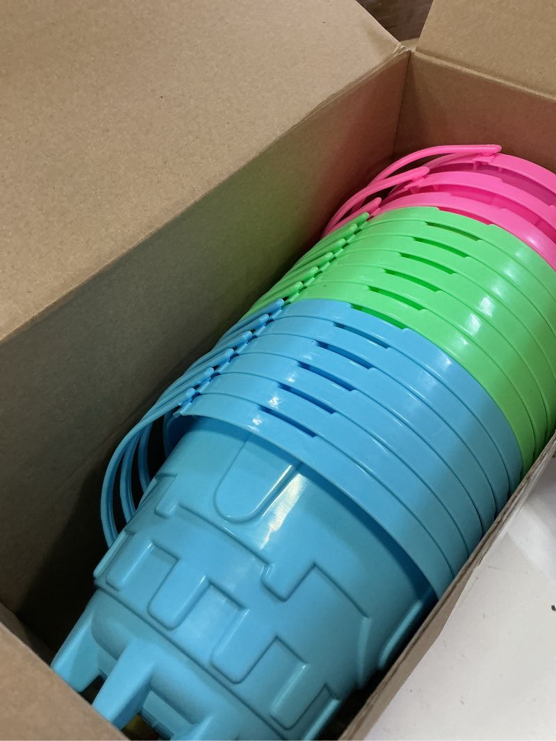 Condition photo showing New/Like New for lenwen 30 pcs beach sand buckets for kids 5.5 inch easter buckets bulk plastic sand castle pail beach building toys for toddlers girls boys gift party favor,5 assorted colors