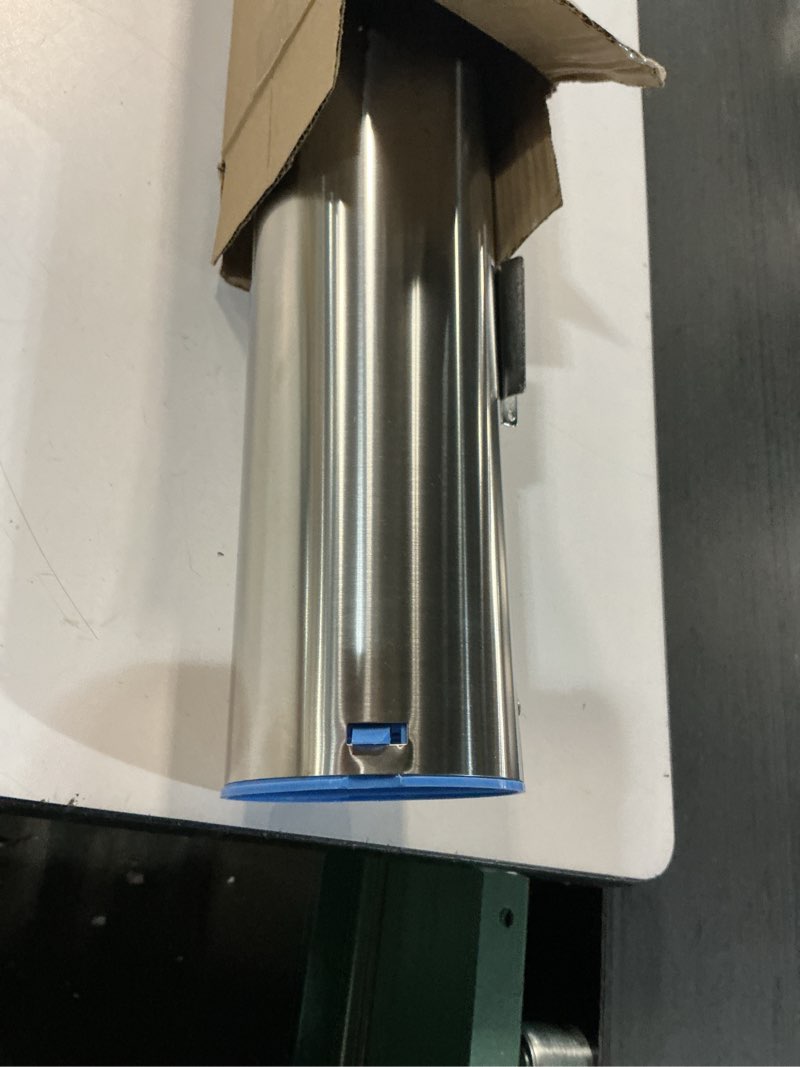 Condition photo showing As Is for san jamar surface mount cup dispenser vertical, 12 - 24 oz. cups for restaurants, dining halls, and fast food, stainless steel, 23.75 inches, silver