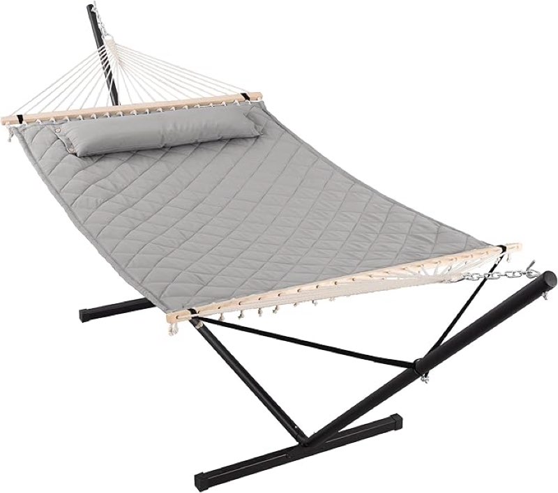 anow double hammock with stand 12ft, heavy duty hammocks with stand for outdoors indoors, 450 lbs weight capacity, light gray