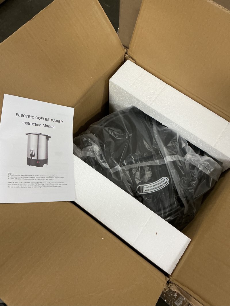 Condition photo showing New/Like New for large commercial coffee urn 160 cup percolate coffee maker stainless steel hot beverage dispenser with cool-touch handles, quick brewing for catering, business, church, restaurant, wedding, gathering