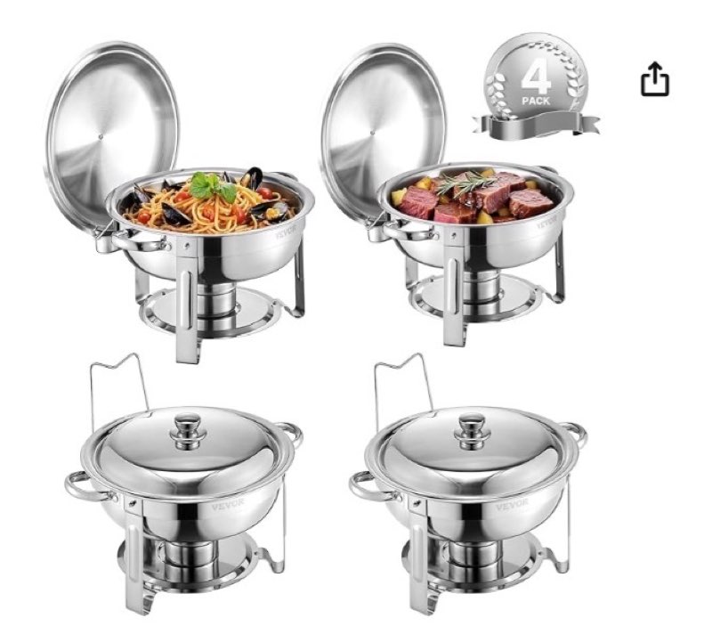 vevor chafing dish buffet set, 5 qt 4 pack, stainless steel chafer with full size pan, round catering warmer server with lid water pan stand fuel holder cover holder spoon, for at least 6 people each