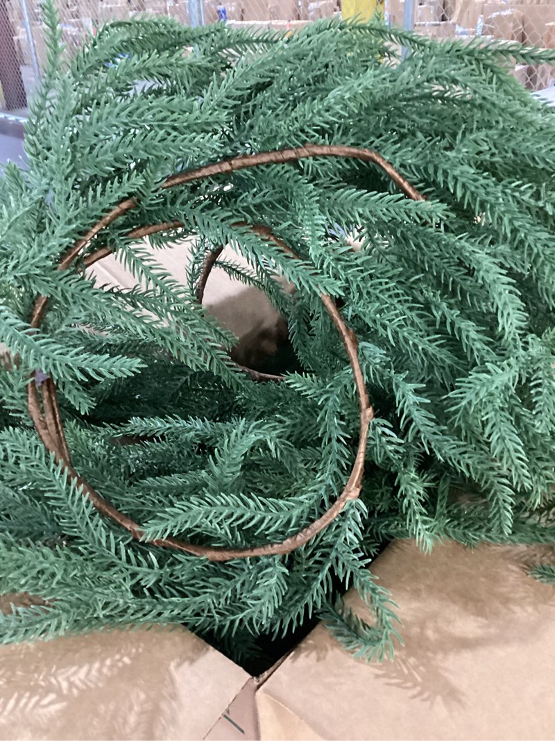 Condition photo showing Good Condition for Christmas Decorations Artificial Norfolk Pine Garlands 9FT, 4Pcs Real Touch Winter Pine Garland, Green Artificial Greenery Garland for Table, Mantle, Wall, Indoor, Outdoor Decorations 9 FT 4