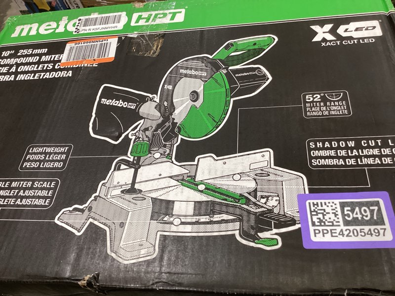 Condition photo showing As Is for metabo hpt 10-inch single bevel compound miter saw, 15-amp power saw with xact cut shadow line, precision miter angles, single bevel 0-45°, 40t tct miter saw blade, lightweight design, c10fcg2 c10fcg2 - next gen model