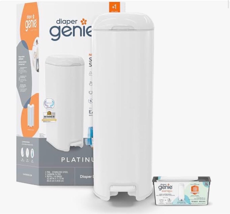 diaper genie platinum pail (lily white) is made in durable stainless steel and includes 1 easy roll 