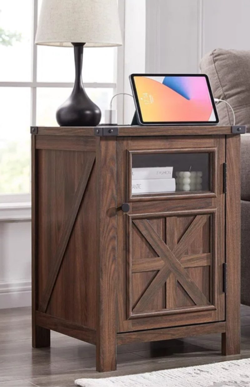Ariellah 26'' Farmhouse End Table with Charging Station, Wood Nightstand with Adjustable Storage Shelf INCOMPLETE 