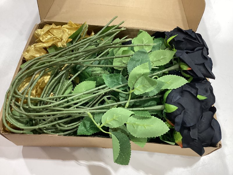 Condition photo showing Good Condition for 36 pcs silk black gold rose bouquet bridal artificial flowers,fake rose long stem realistic flowers bulk for wedding bouquet ball arrangement centerpiece party decor black, gold