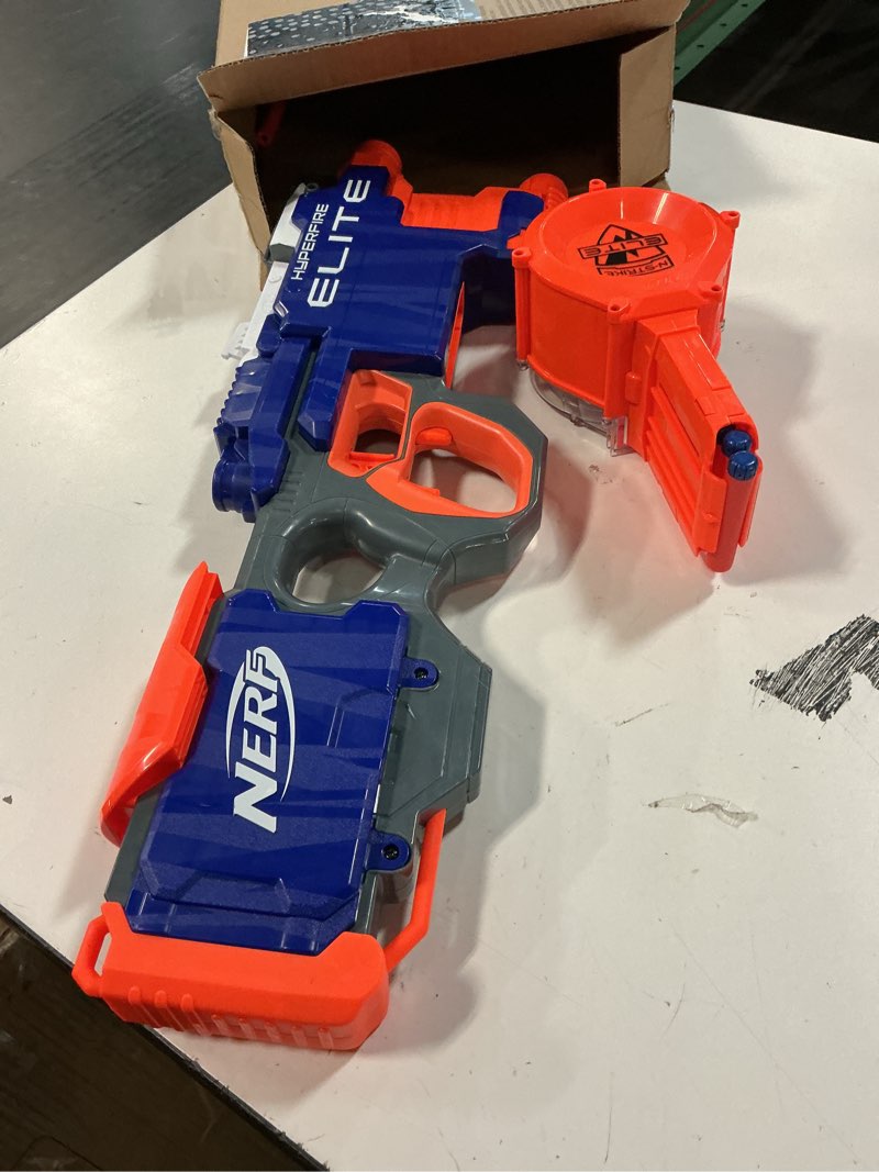 Condition photo showing Good Condition for nerf hyperfire motorized elite blaster, 25-dart drum, fires up to 5 darts per second, includes 25 official elite darts (amazon exclusive)