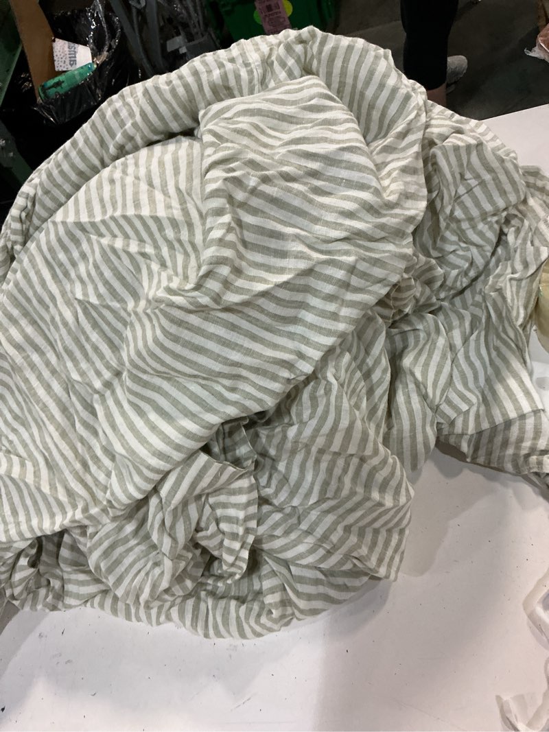Condition photo showing As Is for (only 1 piece) european linen stripe deluxe bedding bundle, queen, willowleaf/white stripe