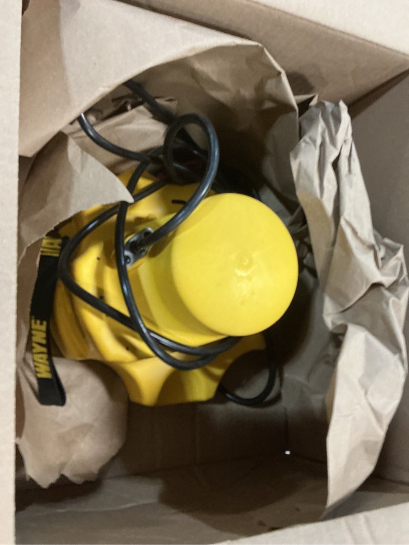 Condition photo showing As Is for wayne - waterbug auto 1/4 hp 1900 gph auto on/off submersible pump with multi-flo technology - water removal and transfer pump, yellow