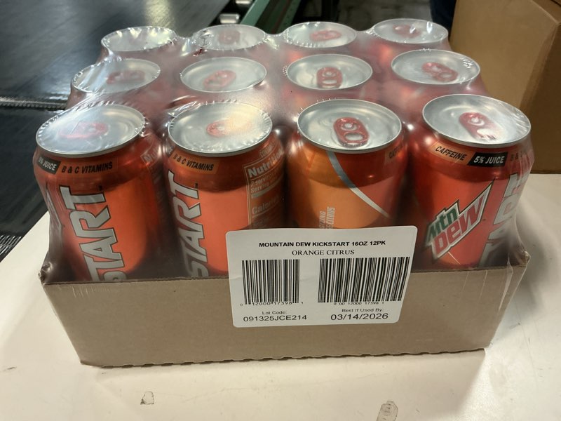 Condition photo showing New/Like New for (Best By 03/14/2026) Mountain Dew Kickstart, Orange Citrus, 92mg Caffeine, Vitamins B & C, 80 Calories, 5% Juice, 16 Fl Oz (Pack of 12) Orange Citrus 16 Fl Oz (Pack of 12)