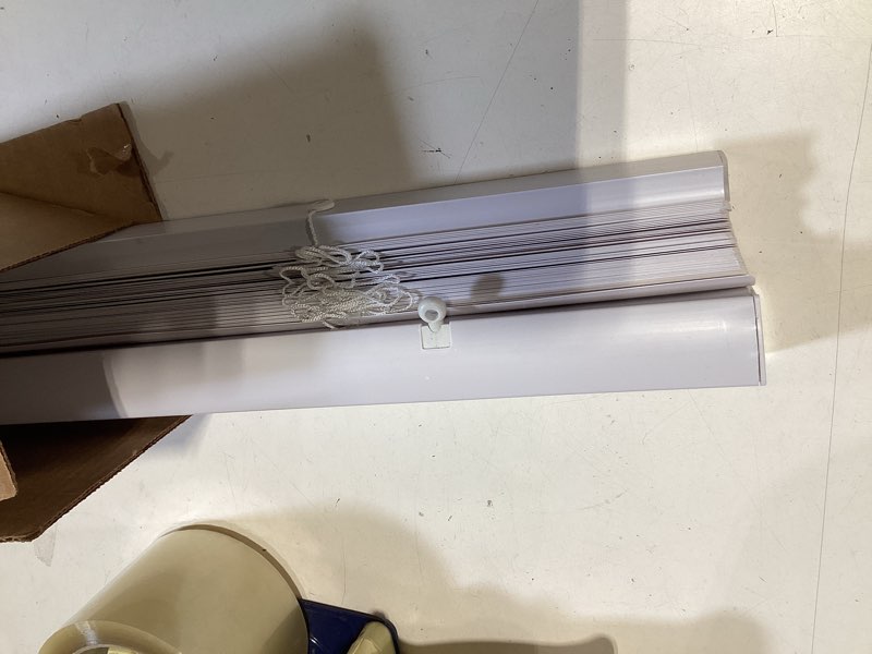 Condition photo showing As Is for cordless gii morningstar 1" light filtering mini blind 28x64 - white 28"w x 64"h pearl white